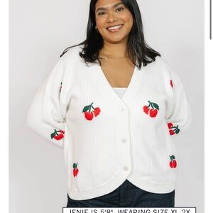 Smash + Tess White Cardigan with Red Cherry Embroidery